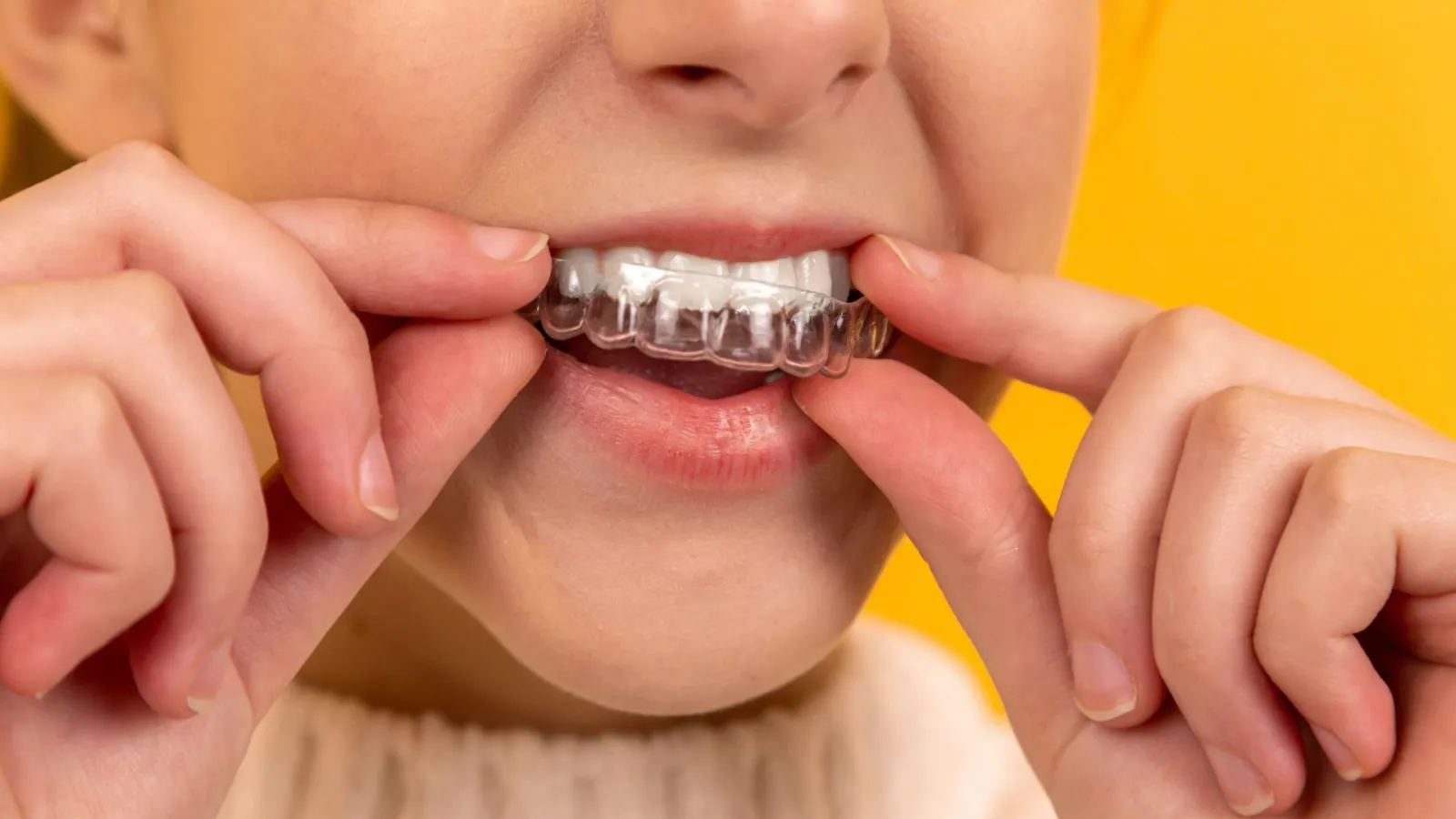 Persona colocando un alineador transparente sobre sus dientes